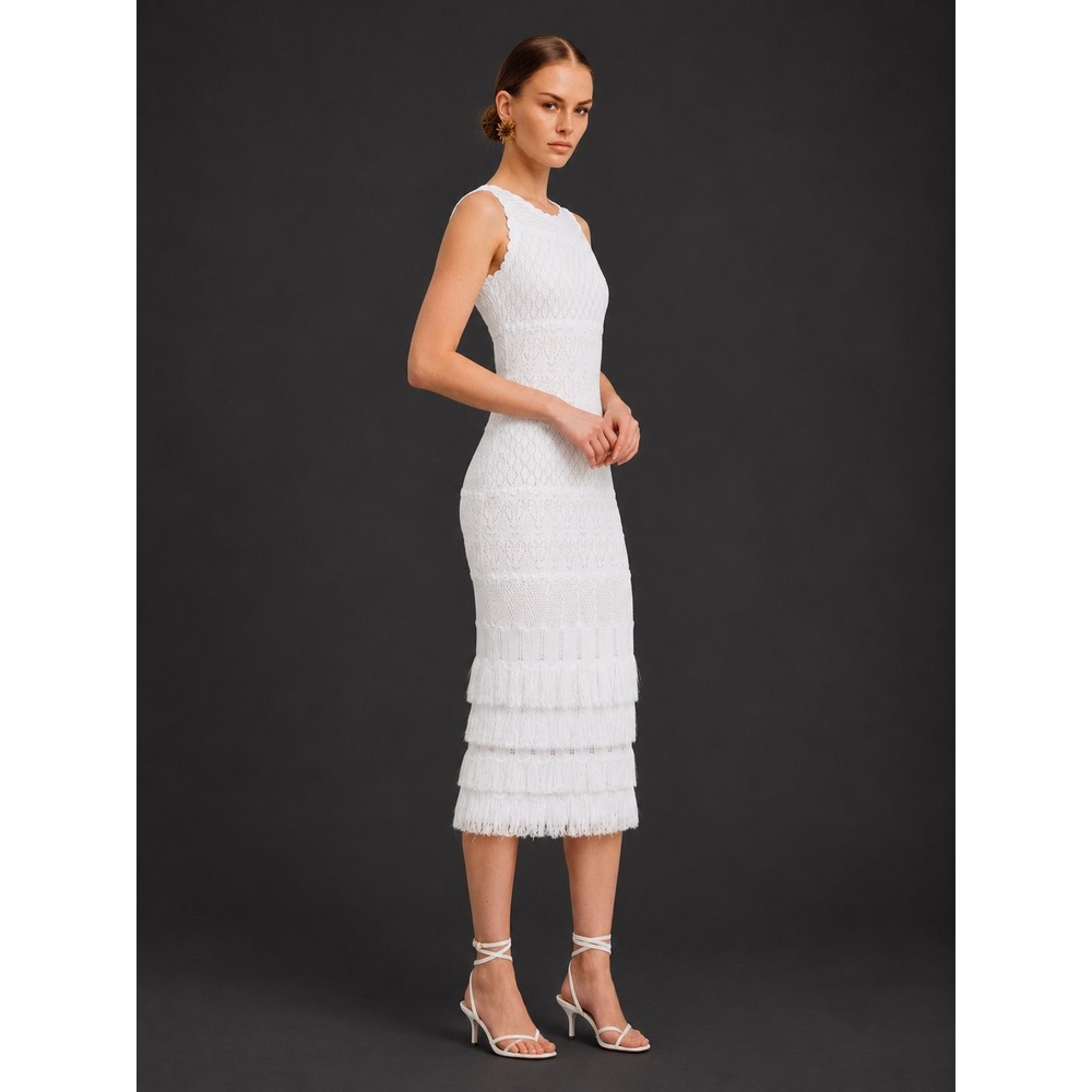 Torn by Ronny Kobo Ryan White Open Back Knit Fringe Bodycon Crochet Midi Dress M